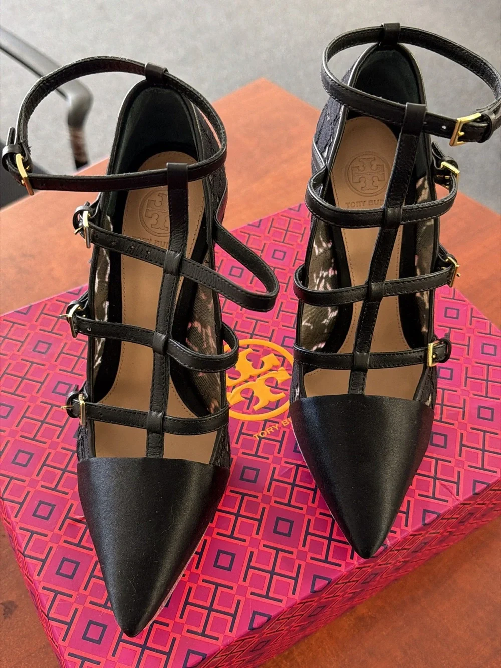 Tory Burch Black Strappy Pointed Toe Ankle-Heel Pumps